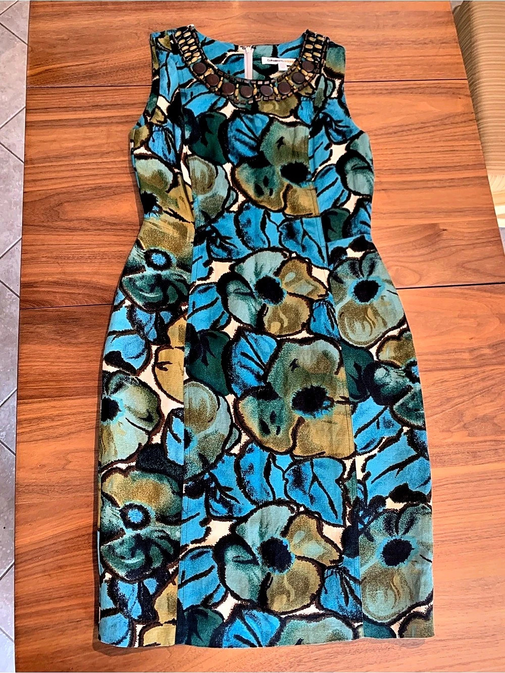 Clements Ribeiro Floral Midi Dress, Blue & Green Size 8, body con, lined, beads